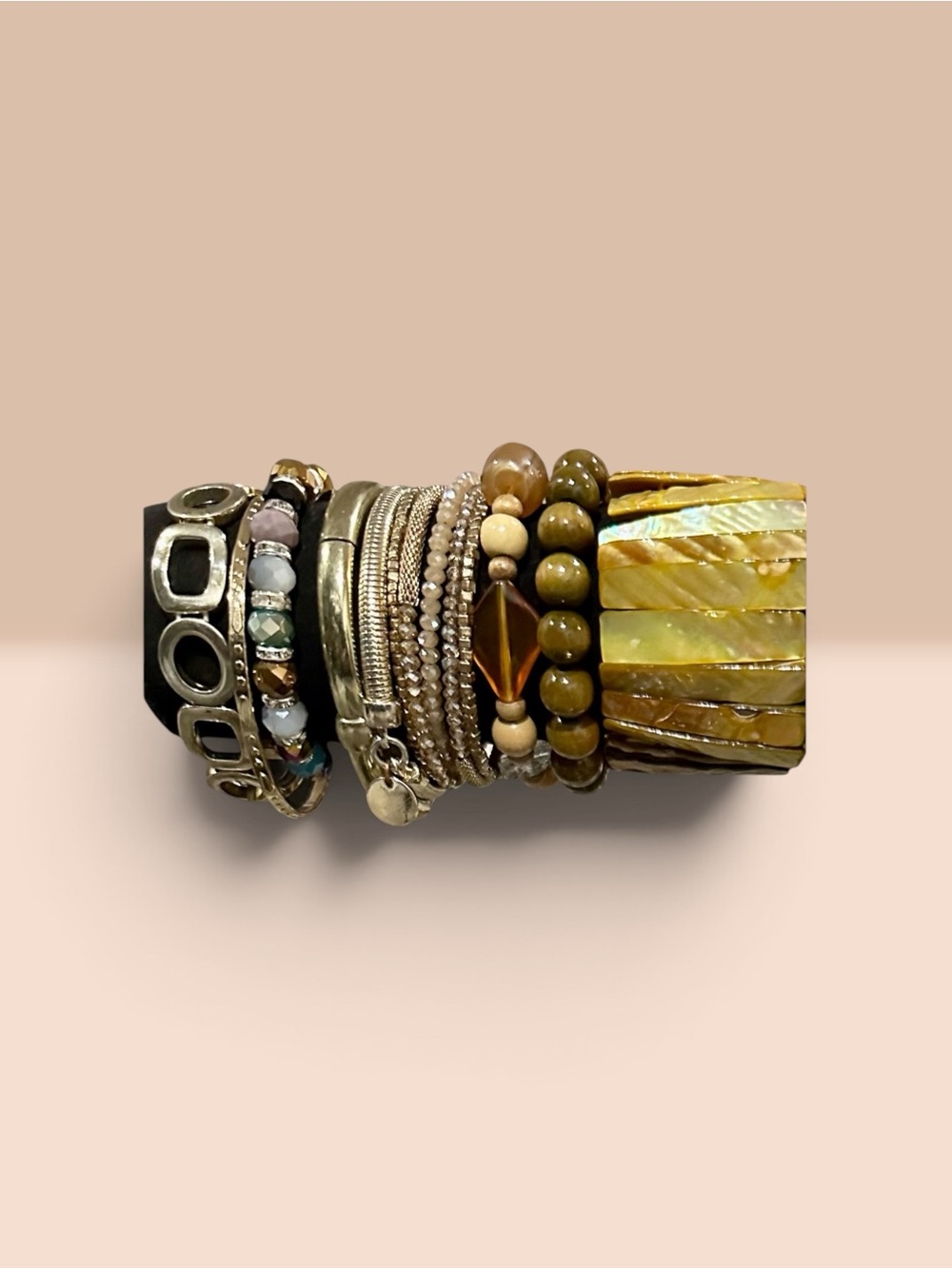 Boho Statement Bracelet Stack Set Earthy Mixed Metal Wood Shell Cuff Lot